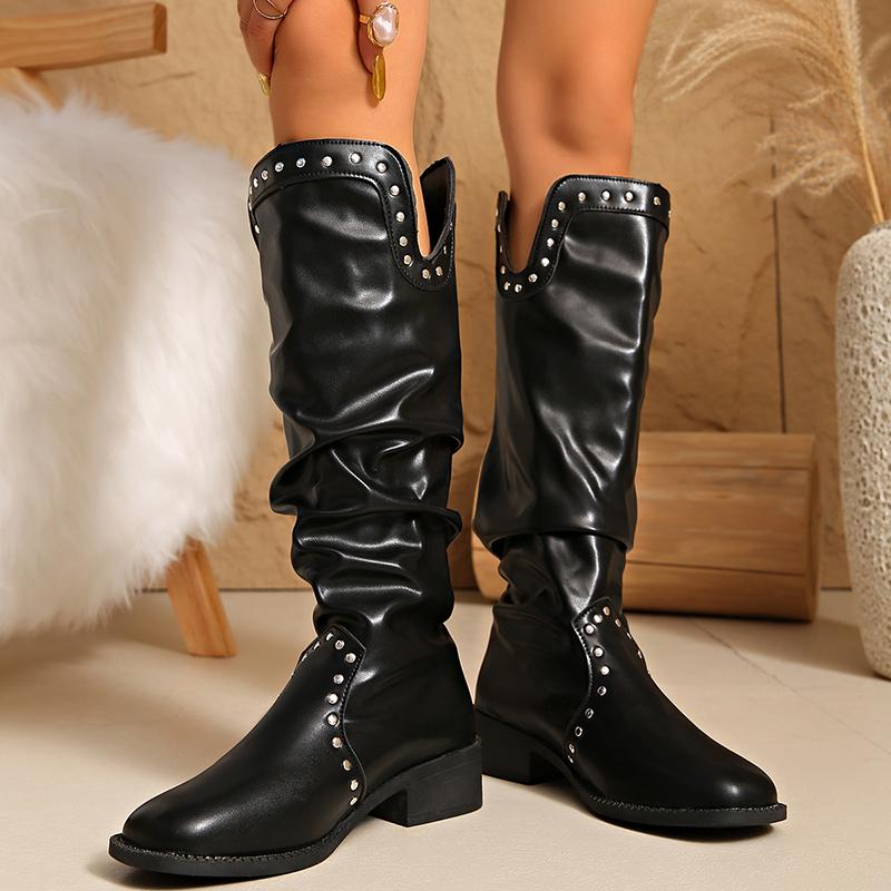 Fashion Rivet Decor Slouchy Knee High Boots for Women Fashion Black Chunky Heel Long Boots Woman Autumn PU Leather Riding Botas De Mujer