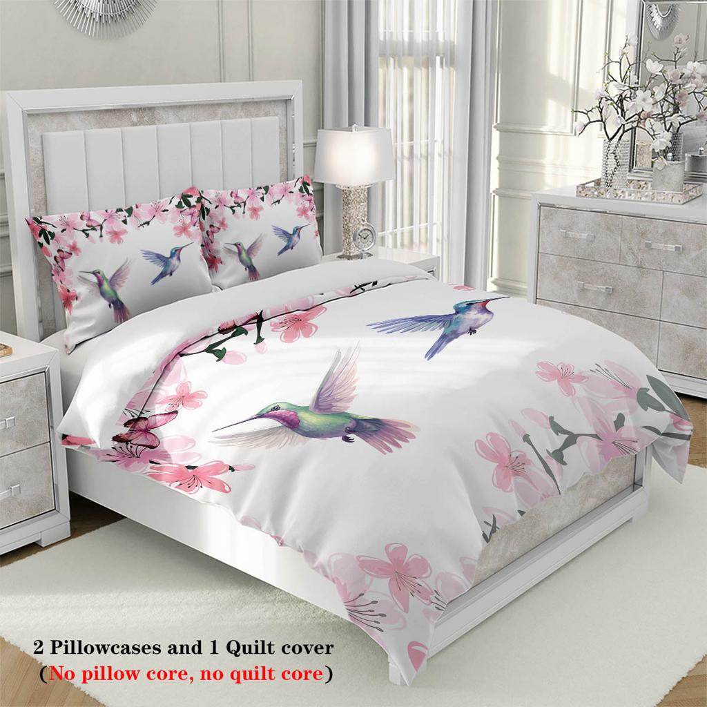 3 шт. Комплект постельного белья с весенним принтом птиц и цветов, Для спальни, Гостевой комнаты (1*Пододеяльник + 2*Наволочка, БЕЗ Наполнителя)