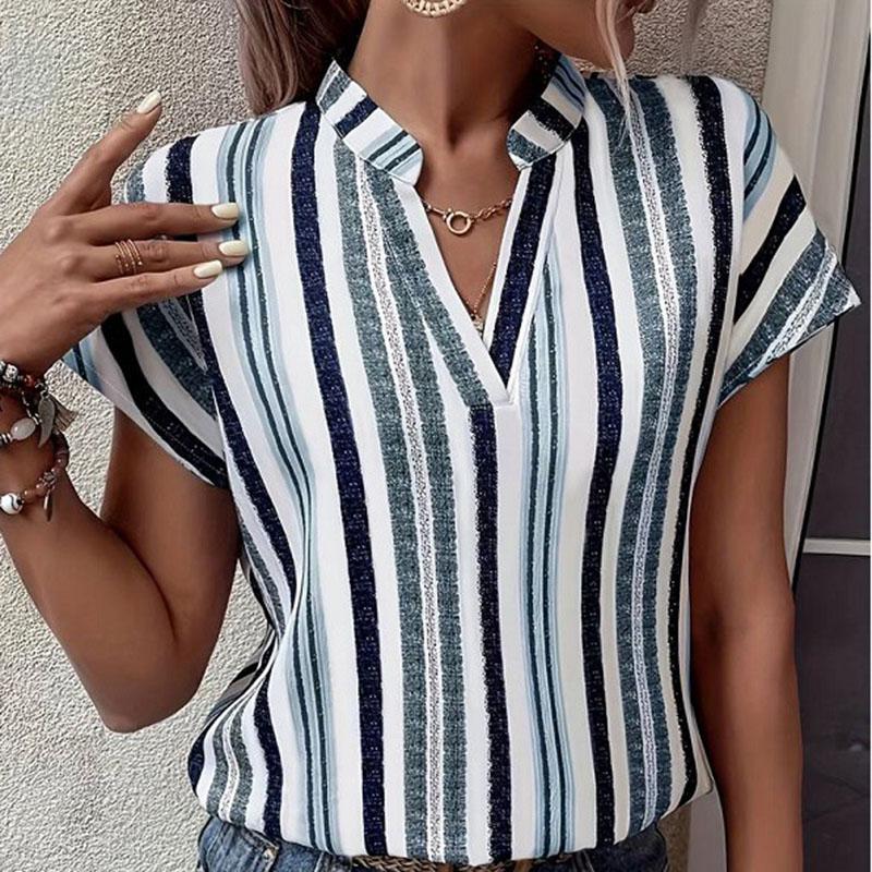 Женская летняя рубашка с коротким рукавом и воротником-стойкой в полоску, модный пуловер, блузка, топ