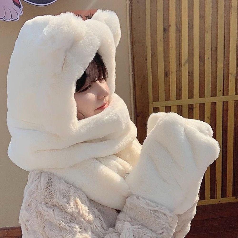 Plush Beanies Caps Thickened Ear Protection Cap Cute Bear Ears Hat for Woman Girls