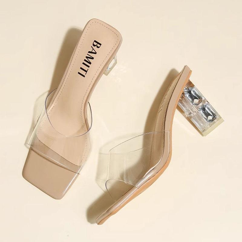 One-word Slippers for Women's Summer Wear 2024 New Square Head Crystal Thick Heel Transparent Sexy High Heels Temperament Sandals