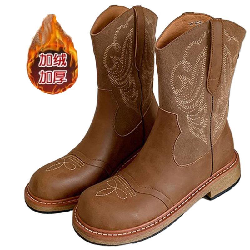 Fashion 2024 New Plus Plush Leather Western Mid Calf Boots Embroider Women Autumn Winter Ankle Boots Ladies Boots