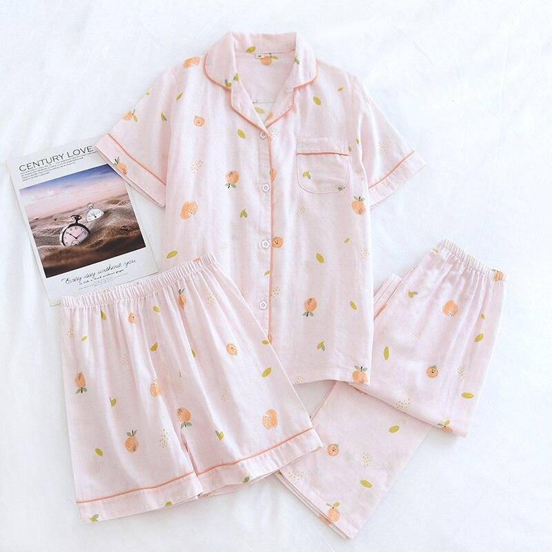 Cotton Pajamas Women's 3 Pcs Set Printed Fashion Pure Cotton Double-layer Gauze Shorts/Long Pants Sleepwear