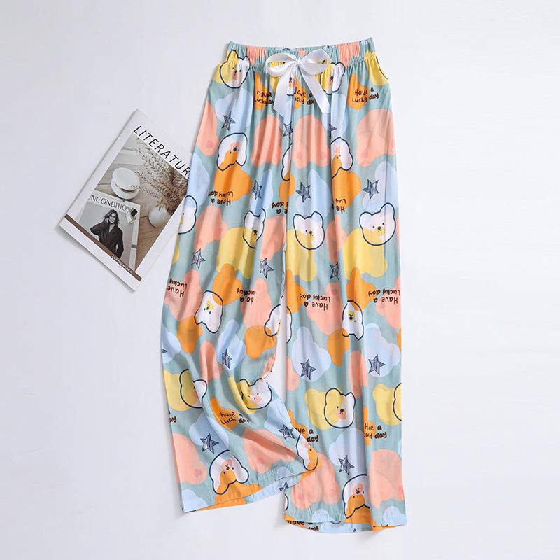 Женские пижамные брюки больших размеров из хлопка и вискозы, с мультяшным цветочным принтом, свободные девятиточечные пляжные брюки, для улицы