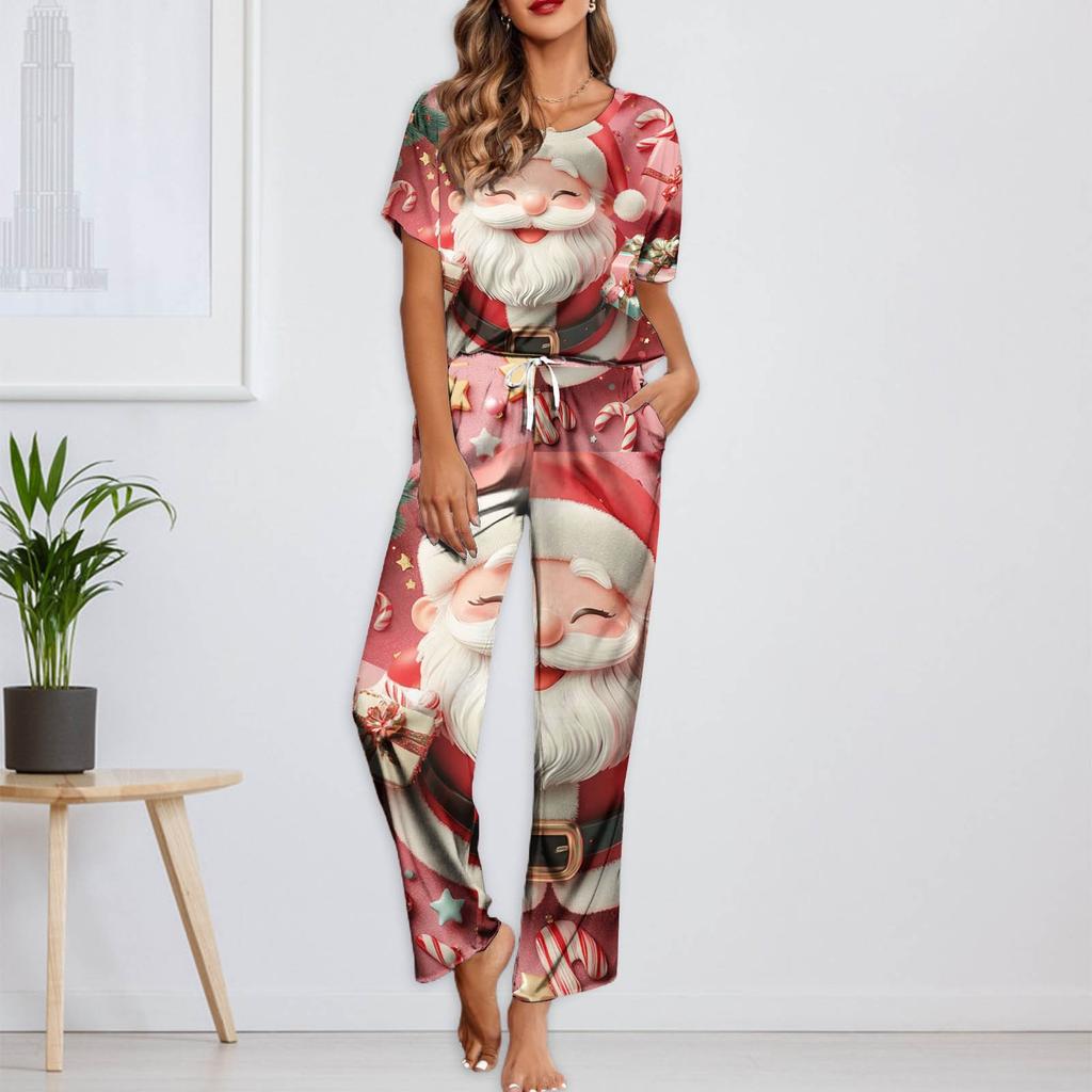 Женский шелковый атласный пижамный комплект с рождественским принтом, рубашка с коротким рукавом и длинные пижамные штаны, мягкая домашняя одежда