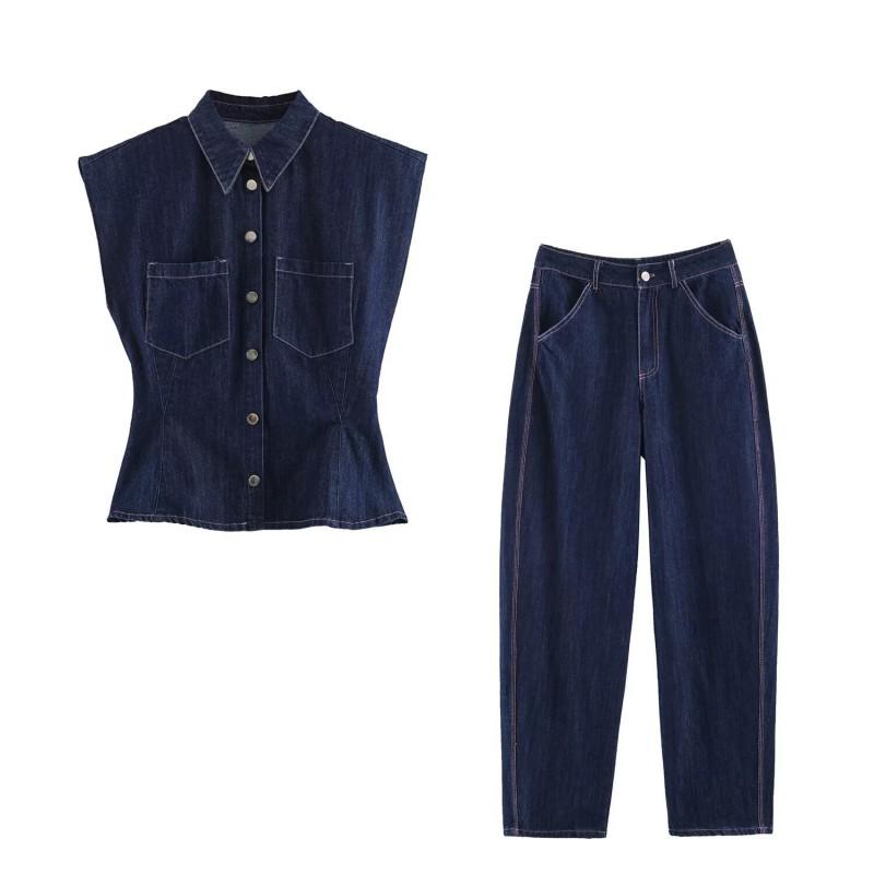Womens Vintage Style Denim Shirt Pants Set A-Line Hem Sleeveless Casual Outfit