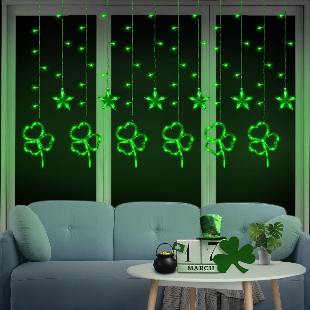 [Таймер, 8 режимов] St. Украшения-гирлянды на окна ко Дню Святого Патрика, 156 светодиодов, гирлянда-шторка с клевером, питание от USB, гирлянды с клевером на День Святого Патрика