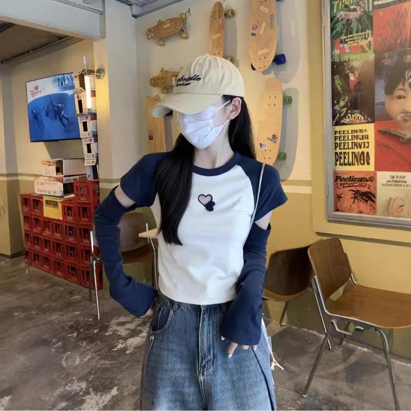 Уникальное чувство дизайна любовь полый топ весна контрастный цвет рукав с разрезом футболка Spice girl универсальная базовая рубашка