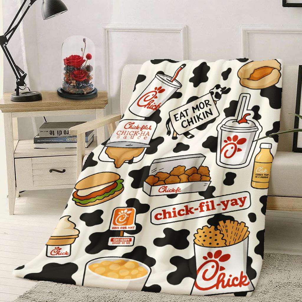 Fast Food Cow Print Flannel Throw Blanket Super Soft Warm Blanket for Sofa Bed Funny Food Pattern Home Decor Gift