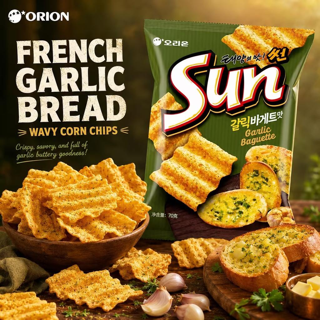 Кукурузные чипсы Orion Wavy со вкусом французского чесночного хлеба 70 г хрустящие кукурузные снеки со вкусом французского чеснока