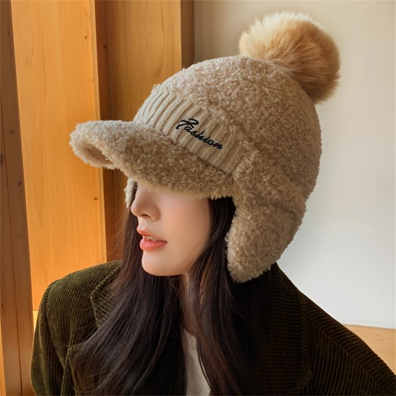 Winter Plush Pilot Cap with Ear Flaps Women's Elastic Polyester Knit Beanie,Warm Fleece Aviator Hat with Pom-Pom, Windproof Outdoor Headwear