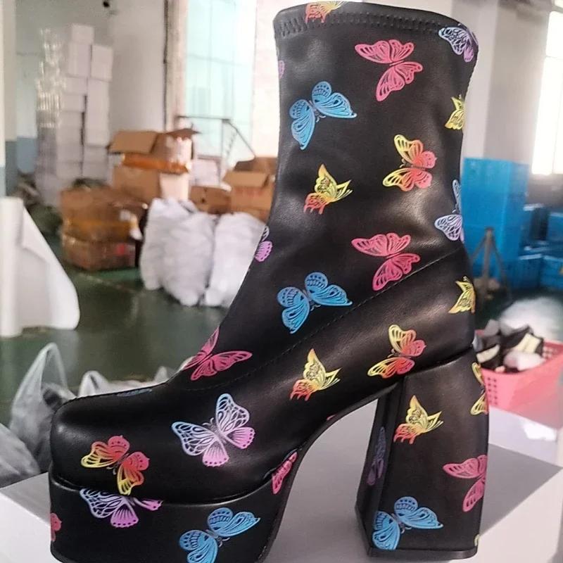 2024 2024able New European American Oversized Denim Short Boots Square Toe Waterproof Platform High Heels Thick Soled Women Boots