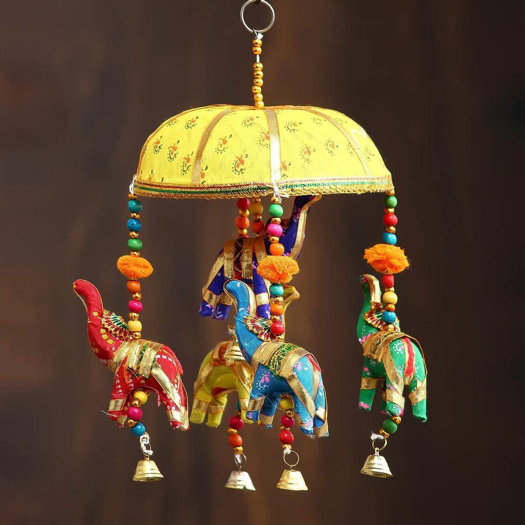 Multicolor Handcrafted Decorative Five Elephant Wall/Door/Window Hanging Bells Wind Chimes Showpiece for Home Decor, Wall Decor, Pooja Room Temple