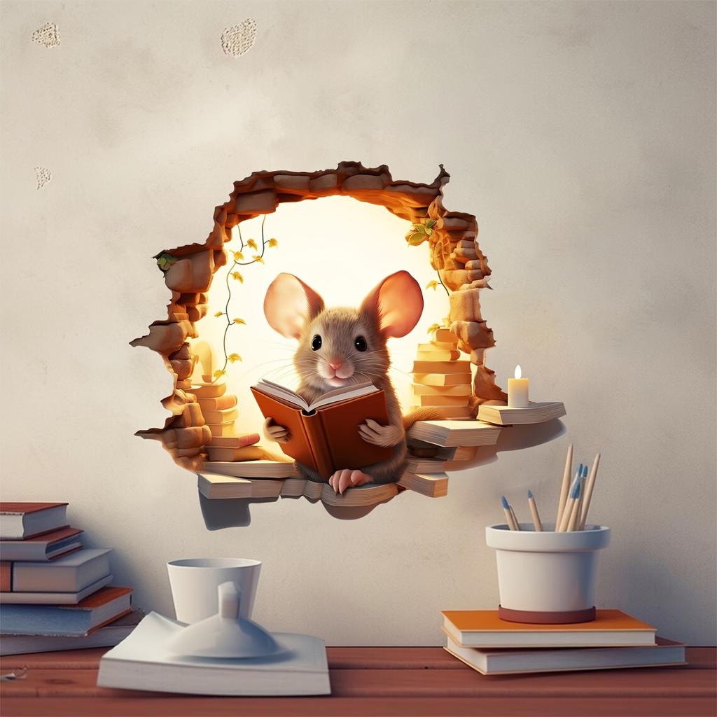 1 шт. 3D-наклейка на стену с изображением мультфильма - яркий дизайн книги для чтения с мышкой, водонепроницаемая съемная самоклеящаяся.