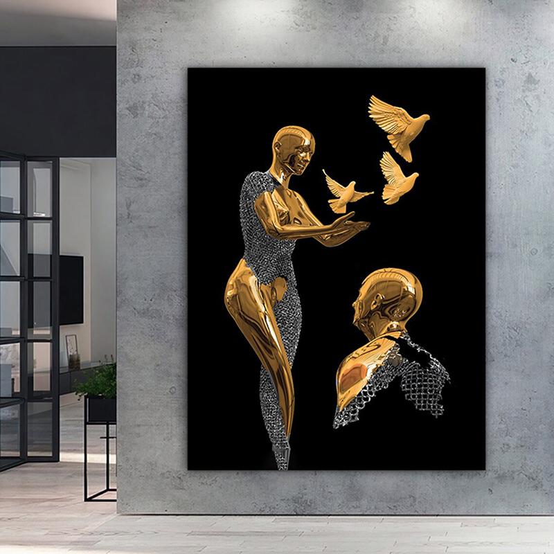 Картина на холсте «Любовные пары» с бронзовой блестящей текстурой, 3D-вид, Настенный декор, постеры и принты для современной гостиной, домашний декор