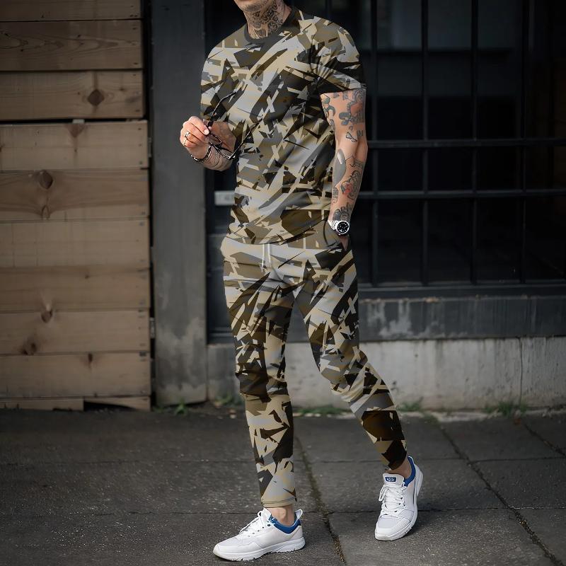 Новые летние мужские длинные брюки, спортивный комплект из 2 предметов, 3D ретро-стиль милитари, футболка с короткими рукавами + длинные брюки, уличная одежда