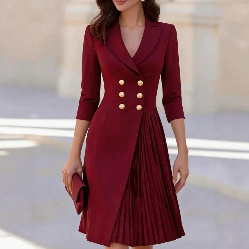 2026 Womens Double-Breasted Blazer Dress 7/8 Sleeve Waist-Cinched Asymmetrical Pleated Midi Office Chic