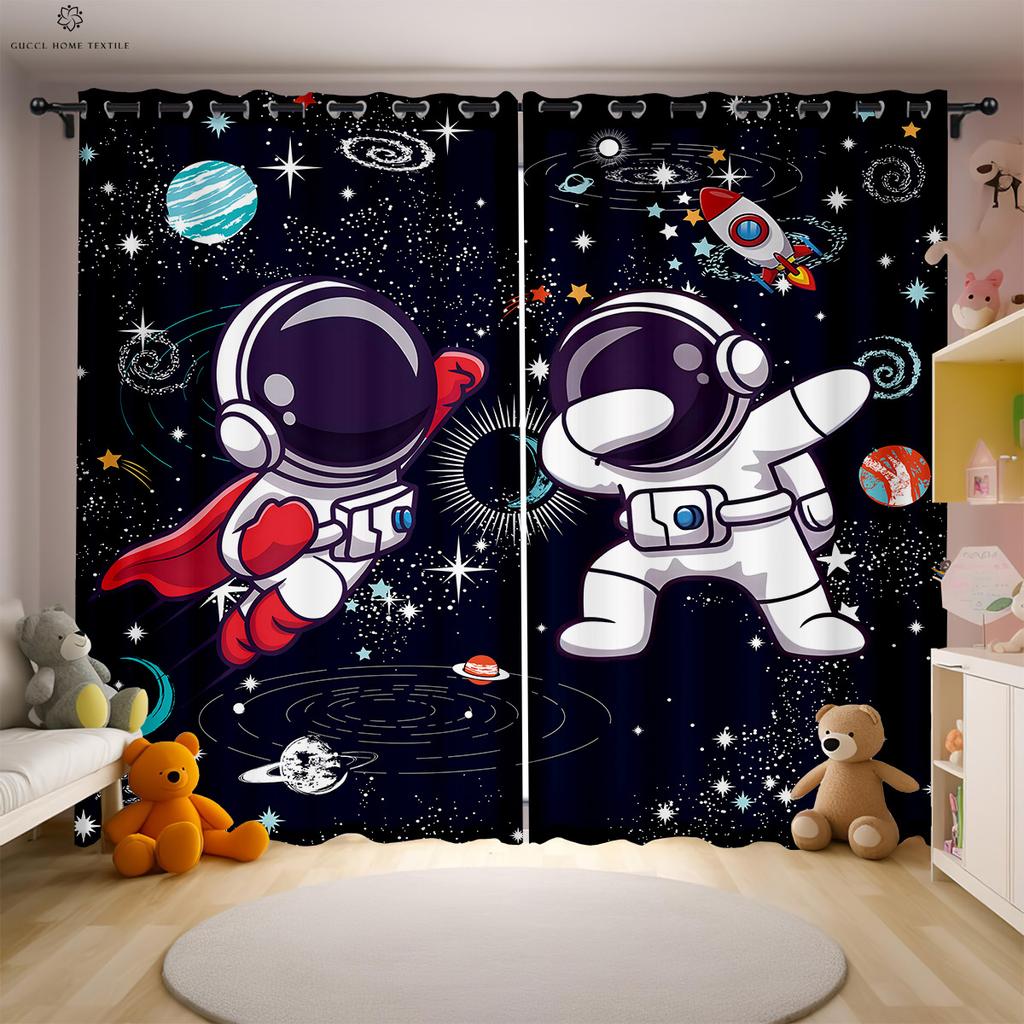 Мультяшные шторы с принтом космонавта для детской комнаты Декорация детской спальни 100% Полиэстер Домашний декор Милые 2 шт.