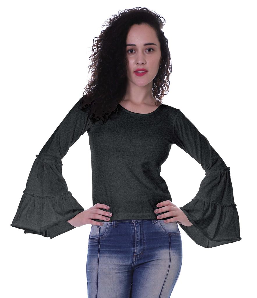 Moomaya Womens Long Bell Sleeves Tshirt Top Round Neck Plain Casual Fit Summer Tee