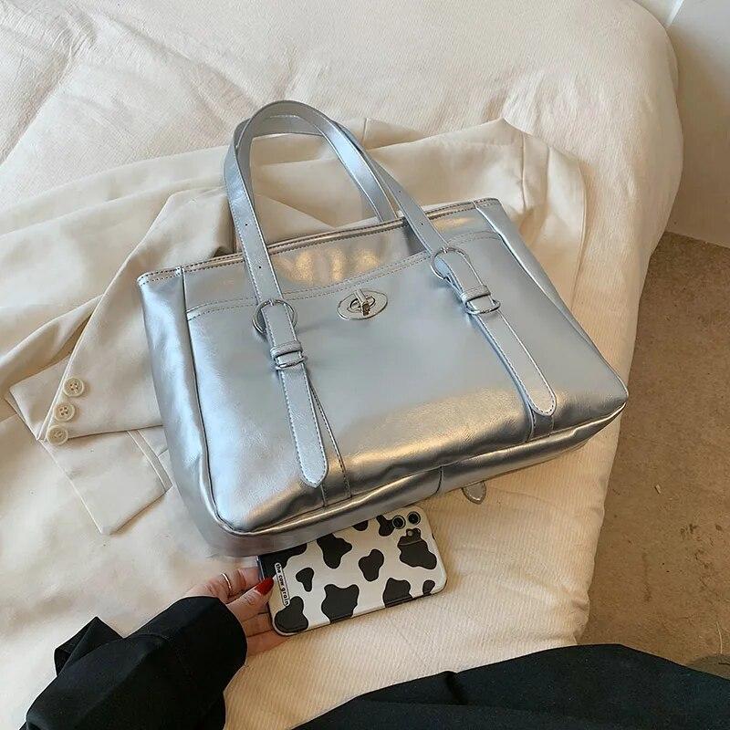 Большие серебряные сумки-тоут для женщин, тренд 2023, женские однотонные винтажные сумки через плечо, женские сумки с короткой ручкой