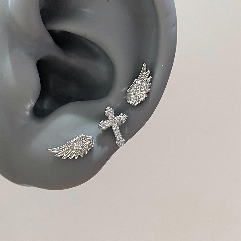 Angel Wing And Cross Ear Stud Set - 34Pcs Silver Plated Rhinestone Earrings For Women