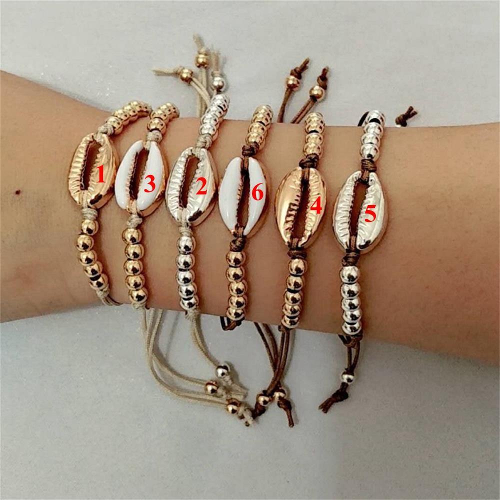 New Ethnic Gold Silver Handmade Weave Rope Bangles Shell Bead Bracelets Adjustable Bohemia