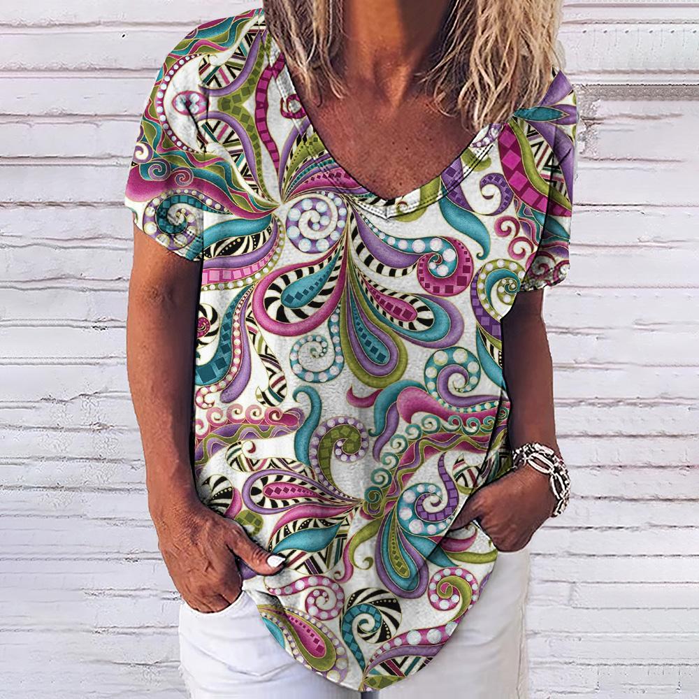 Винтажный принт топ женский с короткими рукавами уличная летняя футболка женская мода повседневная футболка с V-образным вырезом Y2k свободная женская одежда