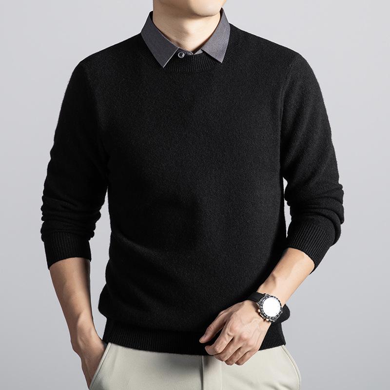 2025 Men's Thick Wool V-Neck Lapel Sweater - Fake Two-Piece Business Knitwear