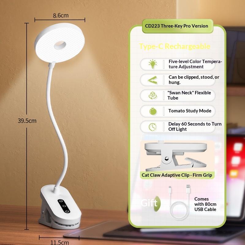 Rechargeable Clip On LED Reading Lamp Flexible Gooseneck Flicker Free Eye Caring for Bedside Night Use