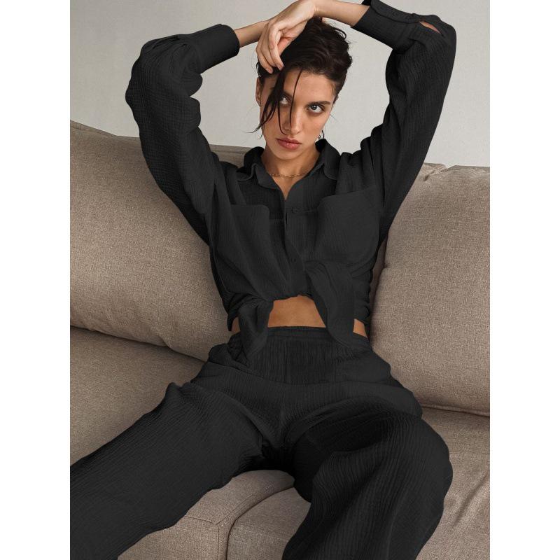 Женский модный комплект-двойка 2025: Рубашка с длинным рукавом и брюки прямого кроя с высокой посадкой - Повседневный европейский и американский стиль