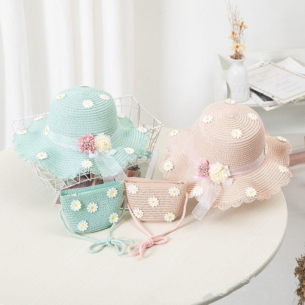 Flower Children'S Wide Brim Children Beach Hats Fisherman Hat Sun Hat Straw Bag Cap Set