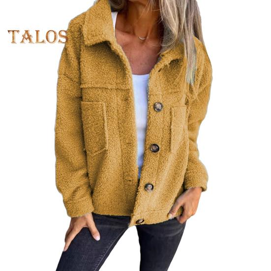 Winter Women Jacket with Double Pockets Thick Fleece Button Closure Cardigan Long Sleeves Warm Windproof Heat Retention Outdoor Coat