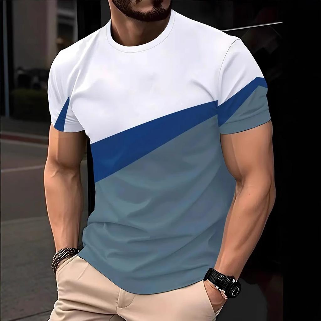 Летняя футболка с круглым вырезом, цветными блоками и полосатым 3D-принтом, модная, повседневная, с короткими рукавами, мужская