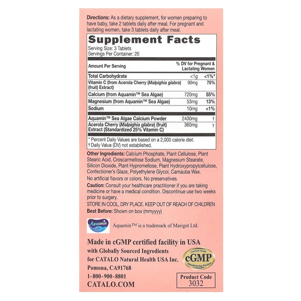 CATALO, Veggie Calcium Formula, Seaweed Calcium for Pregnant Women, Contains Acerola Vitamin C, 60 Veggie Tablets