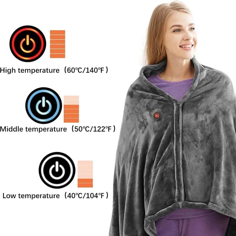 USB Electric Heated Blanket Shawl 3 Heated Level Throw Blanket 5v USB Charging Coral Velvet 8 Heated Areas Fast Heating
