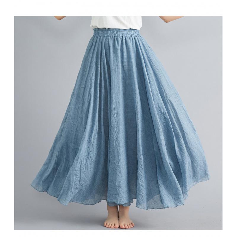 Mori Girl Plus Size Cotton Linen Midi Skirt - Elastic Waist, A-line, Solid Color, Ethnic Style, Long Length