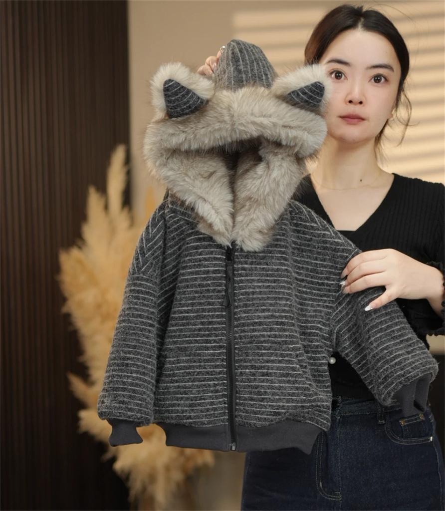 Boys Warm Fleece Lined Hooded Jacket with Cat Ears and Stripes for Autumn Winter