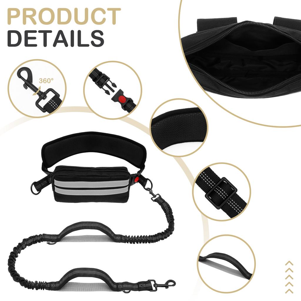 Hands Free Dog Leash Dog Running Waist Leash Nylon Pet Leash with Waist Bag and Padded Handle Retractable Elastic Belt for Walk
