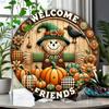 Welcome Friend Scarecrow Wreath Sign 7.8 Inch Metal Wall Decor Plaque, HD 2D Printing, Durable Aluminum, Intricate Details