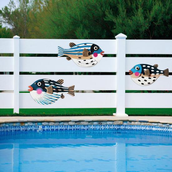 3 шт./набор Настенный декор в виде рыбы-фугу Милый декоративный деревянный иглобрюх Деревенский мультяшный настенный арт с рыбой-фугу Украшение для гостиной спальни столовой