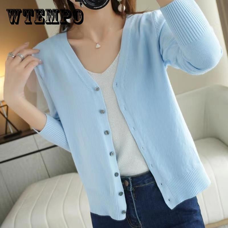 Women's V-Neck Knitted Cardigan Loose Slim Plus Size Sweater All-match Jacket Solid Color Basic Small Cardigans for Spring Autumn
