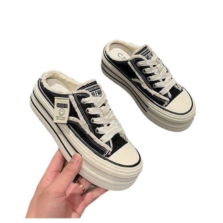 Тапочки с закрытым носком, женская летняя одежда, новые парусиновые туфли без каблука, полуподдерживающие, ленивые полутапочки, тапочки на платформе