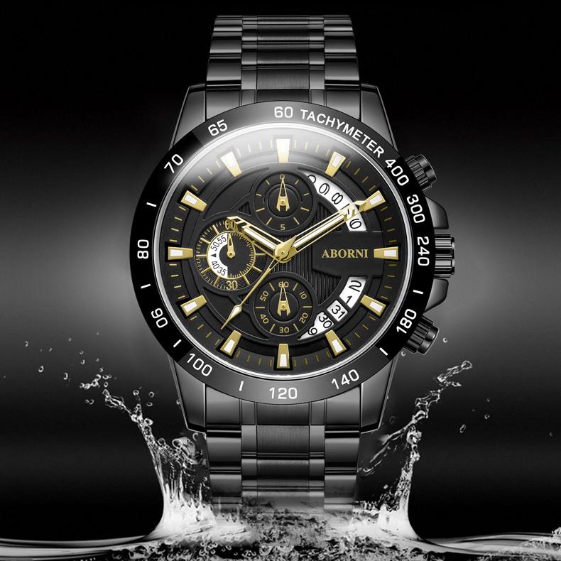 ABORNI WATCH Мужские деловые светящиеся в темноте водонепроницаемые стальные мужские часы с хронографом Кварцевые часы