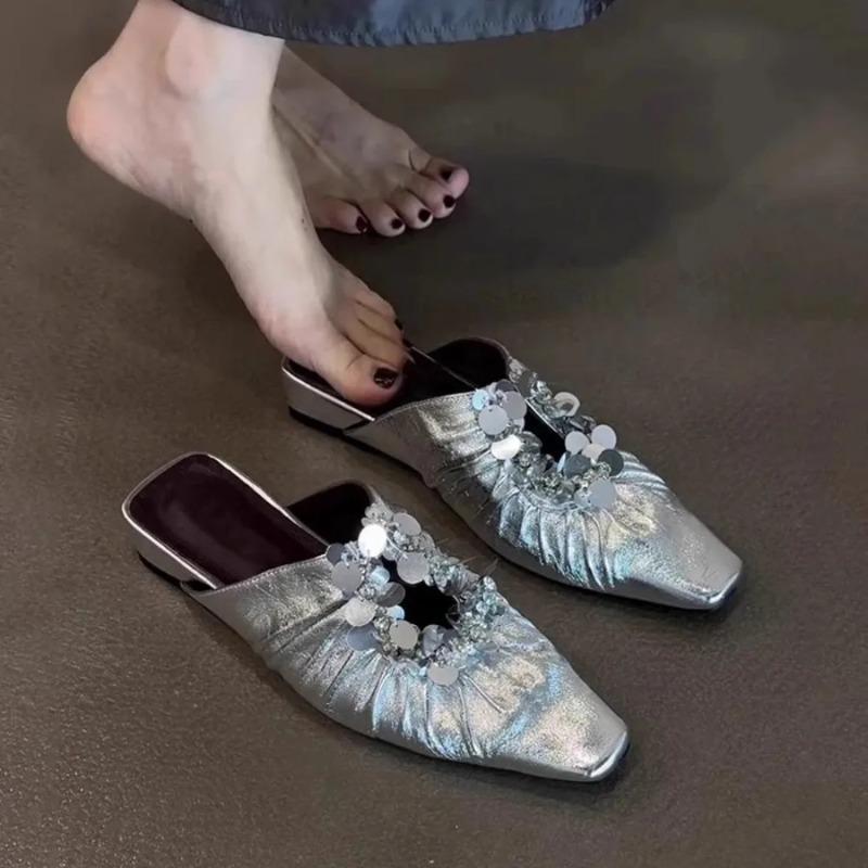 Женские туфли-мюли Блестящие балетки с квадратным носком Элегантные новые летние сандалии 2025 Платье Вечеринка Роскошные женские туфли-слингбэки Mujer