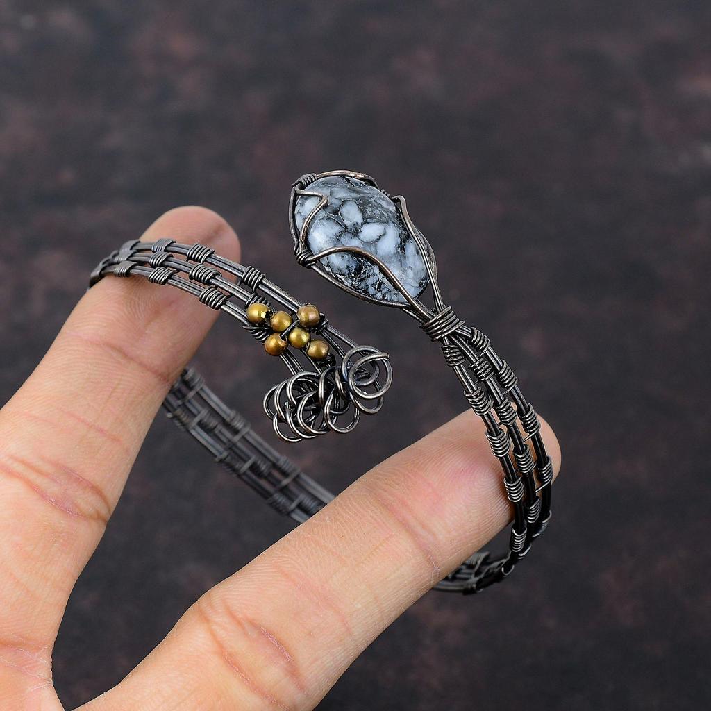 Браслет-манжета из медной проволоки Pinolith Jasper, уникальная ручная работа, регулируемый браслет из медной проволоки, свадебный подарок