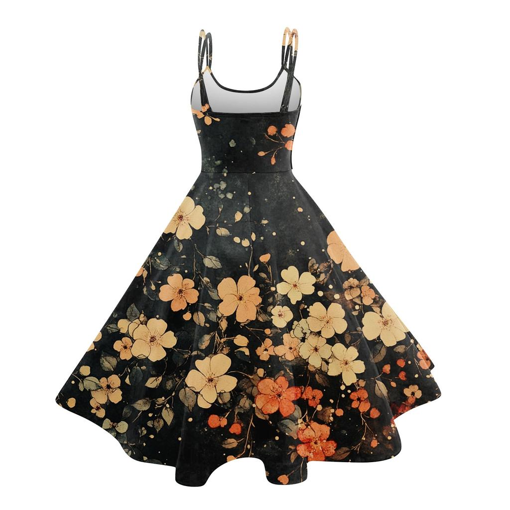 Women's Casual Fashion Flower Print Sexy Off Shoulder Punk Retro Dress Retro Dress Dress
