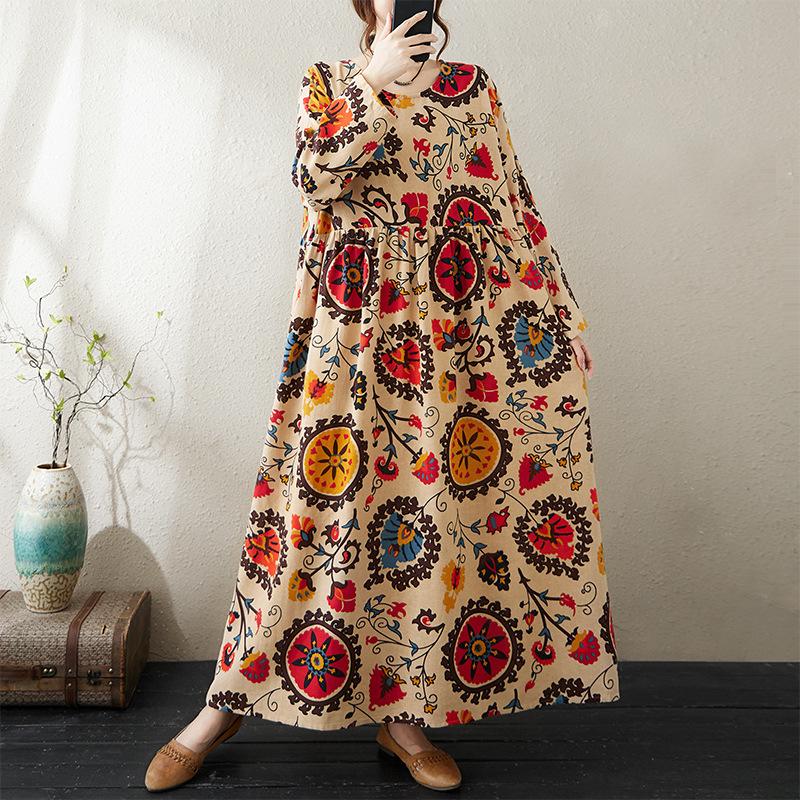Круглый вырез с длинным рукавом Богемная одежда ретро осень хлопок льняные платья винтажное повседневное цветочное принтованное длинное платье для женщин