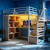Metal loft bed, 90 x 200 cm, with wardrobe and storage compartments, ladder, desk with sockets, perforated sheet and LED strip, storage cabinet, white
