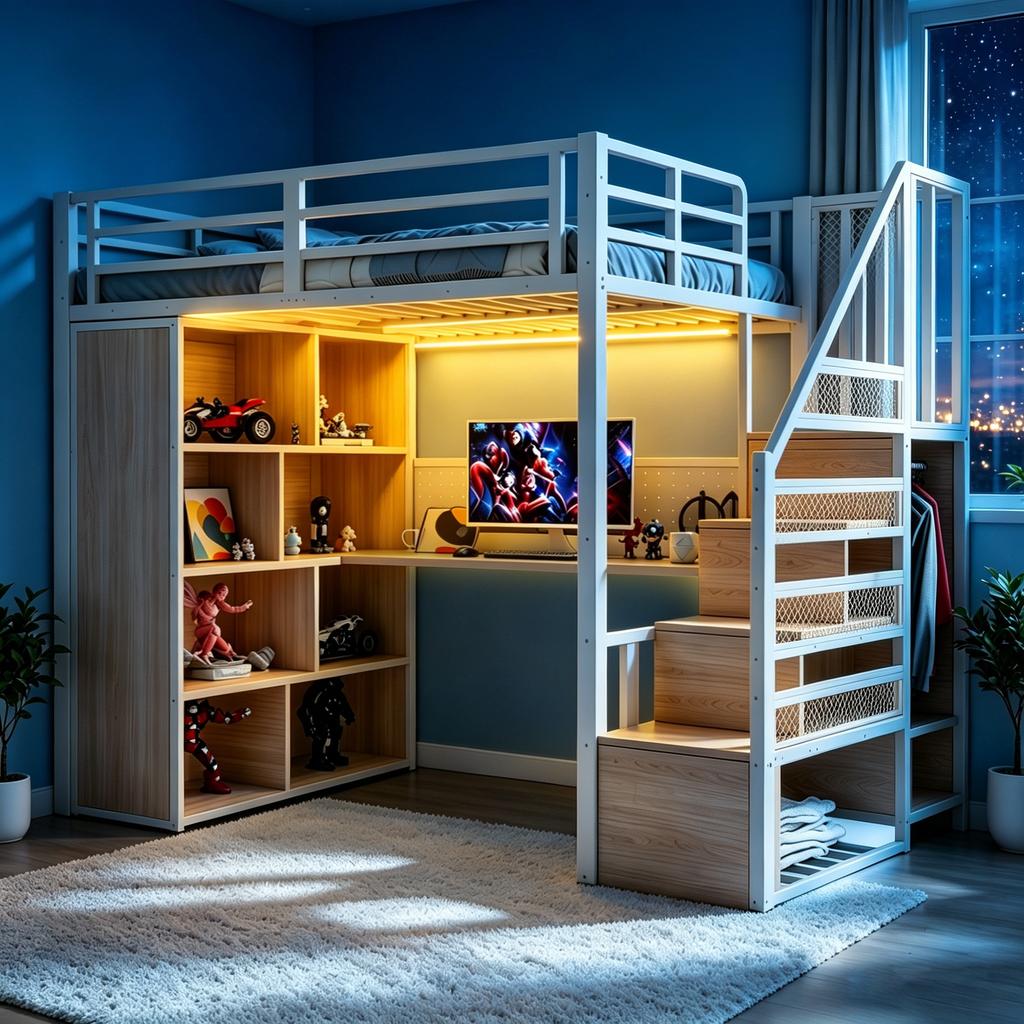 Metal loft bed, 90 x 200 cm, with wardrobe and storage compartments, ladder, desk with sockets, perforated sheet and LED strip, storage cabinet, white