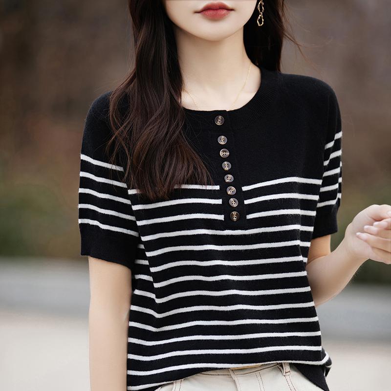 Женская вязаная футболка MODERN NEW SAGA, летняя вязаная рубашка, полосатые футболки с короткими рукавами, пуловер с круглым вырезом, вязаные топы